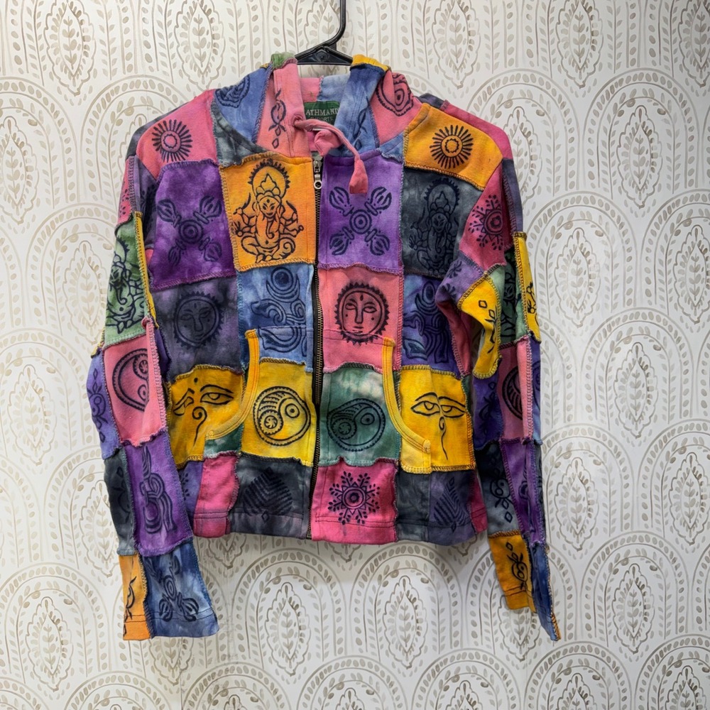 Kathmandu Imports Patchwork Hoodie Women Large Multi Boho Ganesha Tie Dye Zip Up